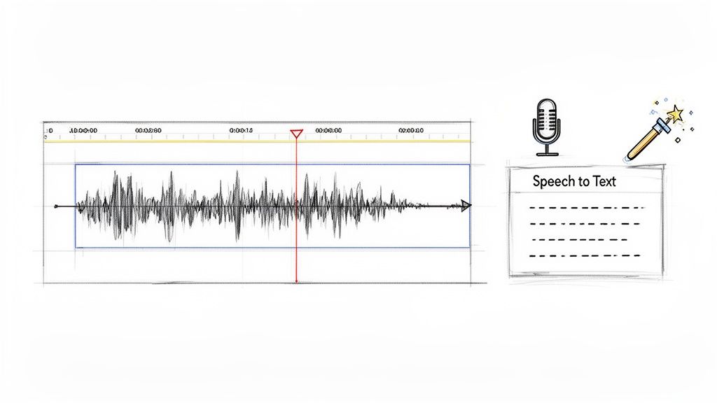 An audio waveform in an editing timeline next to a microphone and 'Speech to Text' box, illustrating automatic transcription.