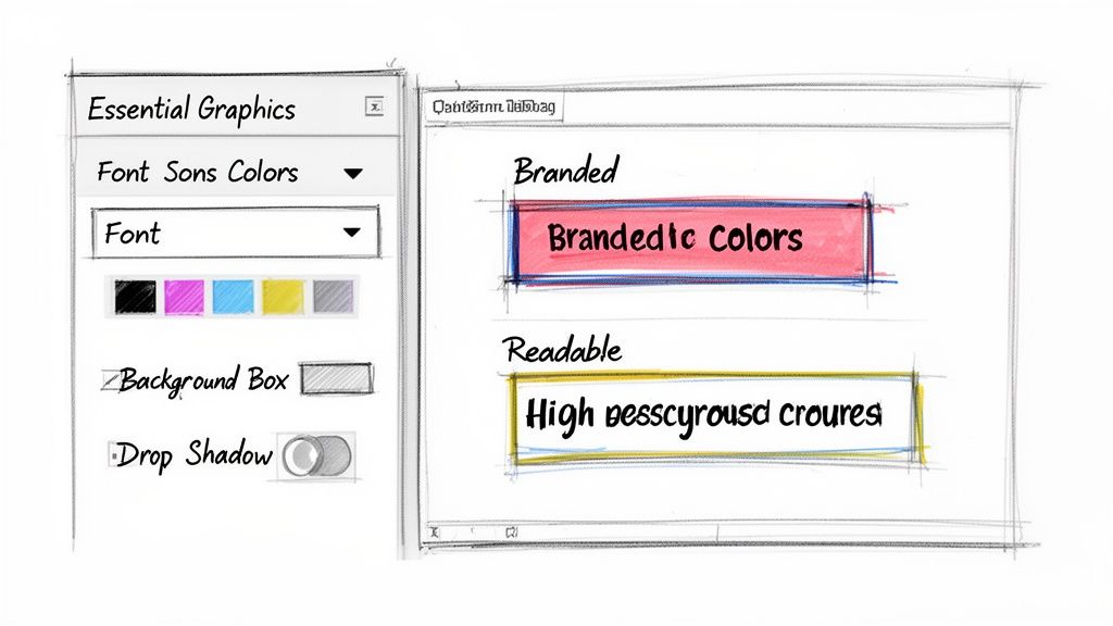 Hand-drawn sketch of a graphics software interface, showing font, color, background, and shadow options for text elements.