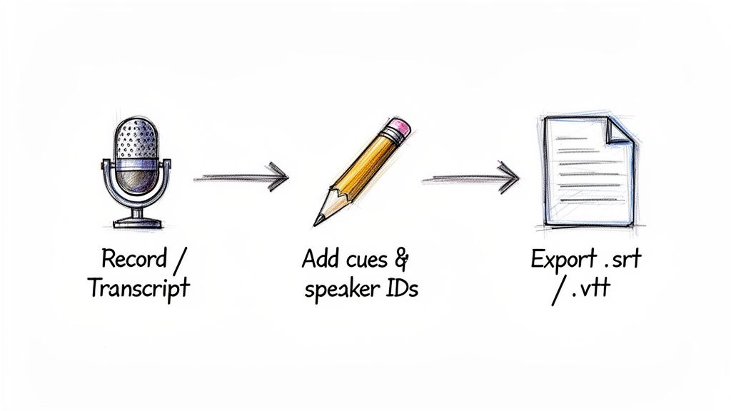 A hand-drawn workflow diagram showing the steps to create SRT/VTT subtitle files from audio.