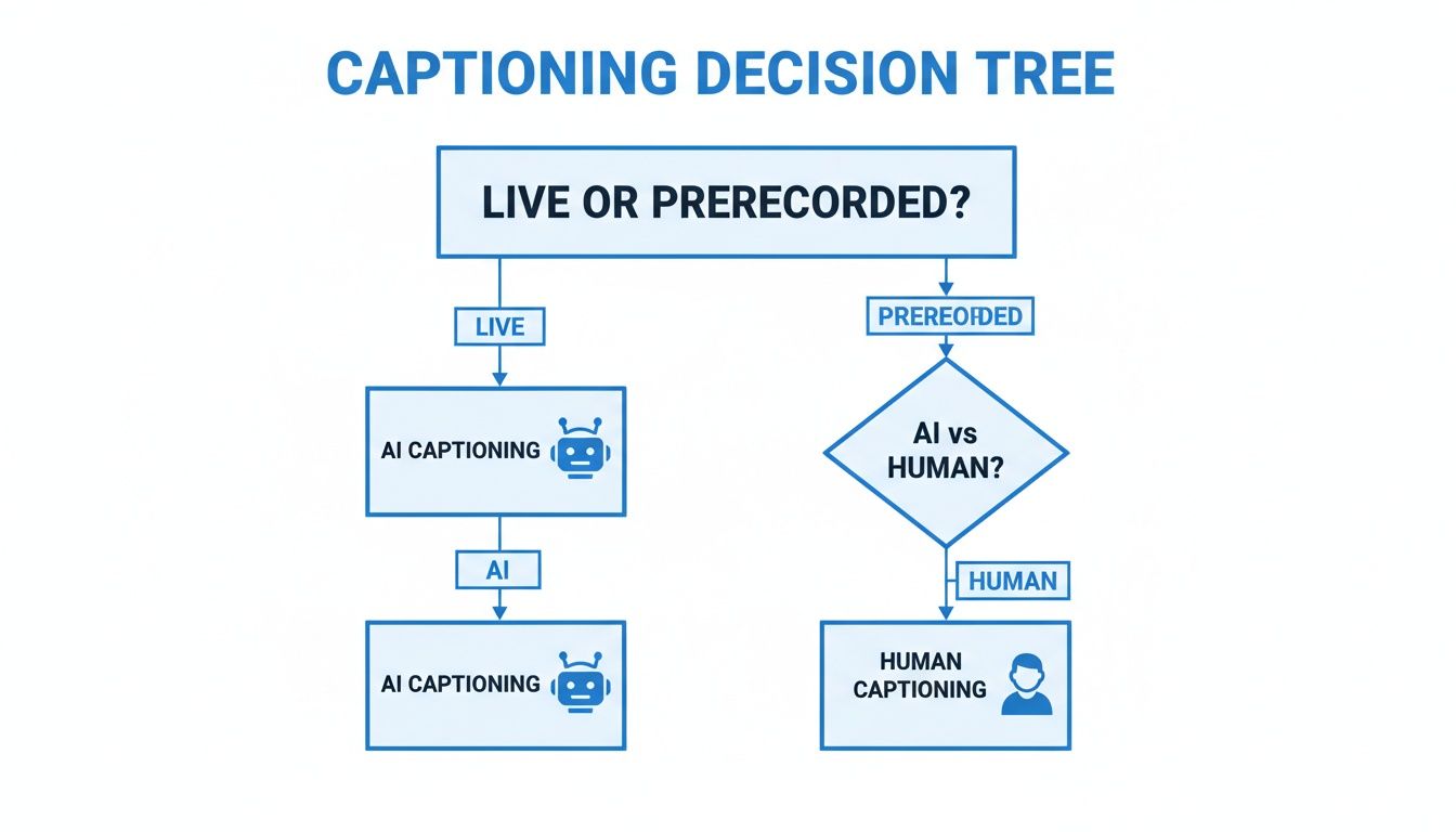 A captioning decision tree flowchart, guiding users to choose between AI or human captioning services.