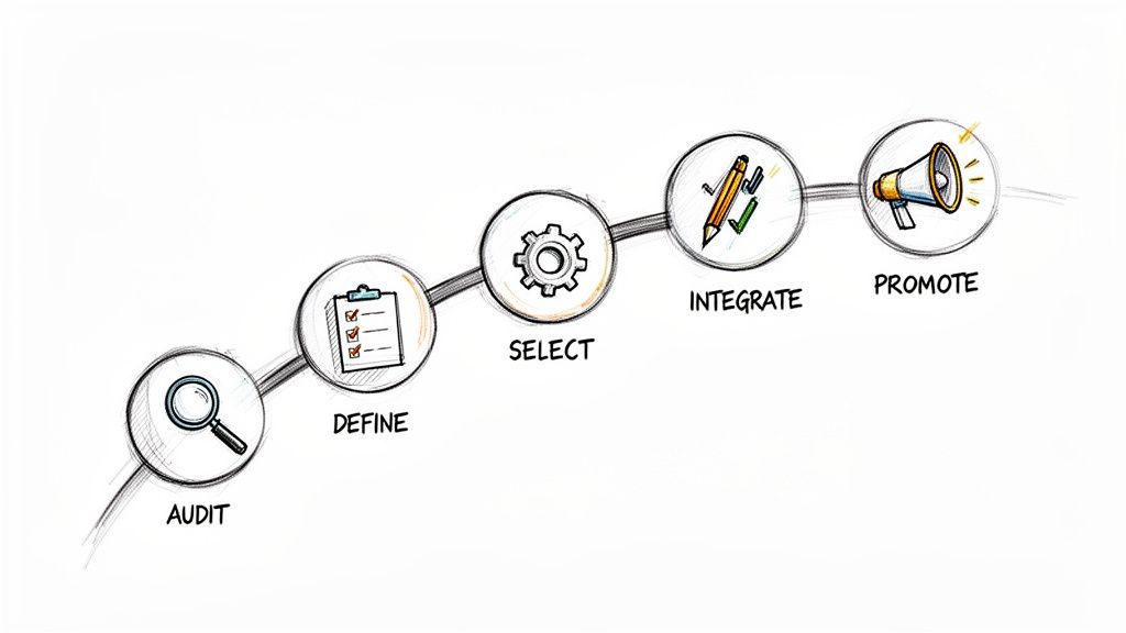 A five-step process diagram with icons for Audit, Define, Select, Integrate, and Promote.