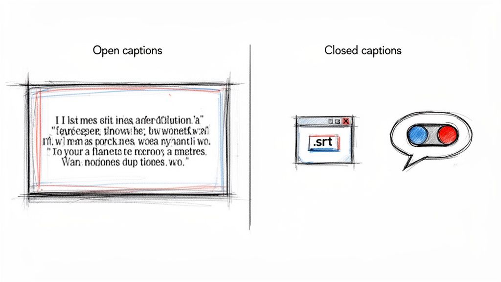 An illustration comparing open captions (embedded text) with closed captions (SRT file and toggle switch).
