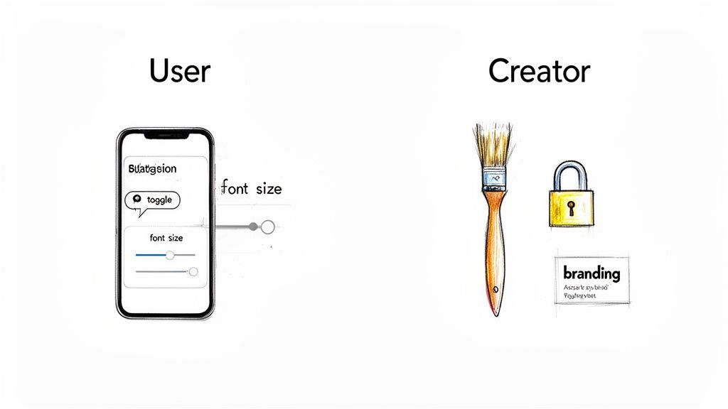 A diagram comparing user controls for font size and toggles on a smartphone with creator-locked branding and design tools.