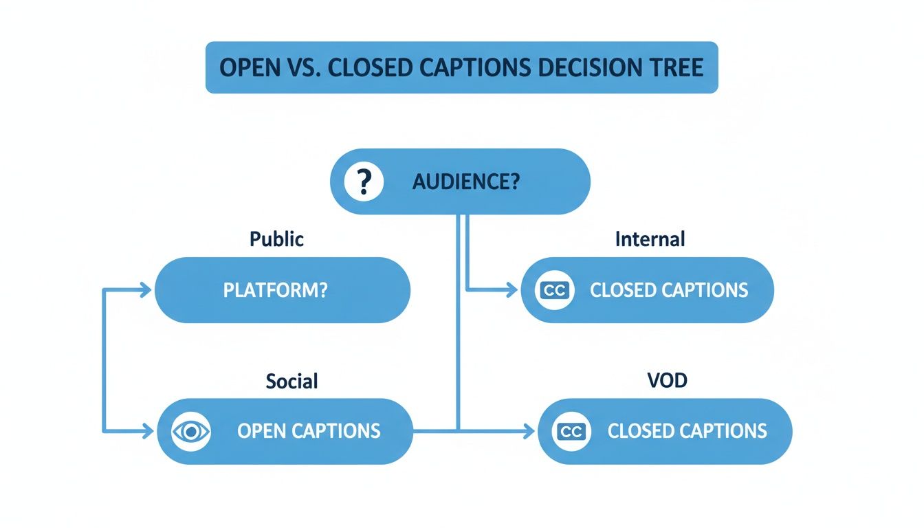 A decision tree flow chart helps determine whether to use open or closed captions based on audience and platform.