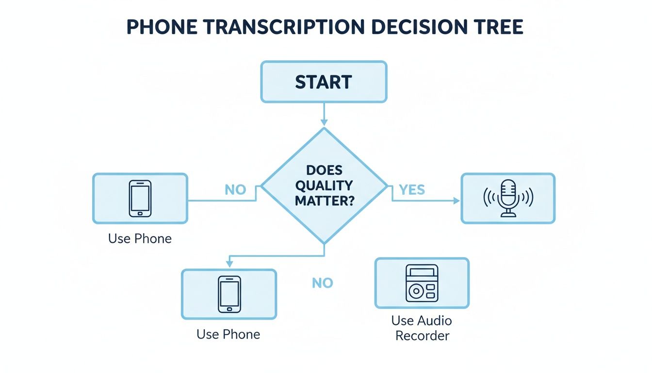 A phone transcription decision tree, showing choices between a phone, microphone, or audio recorder based on quality needs.