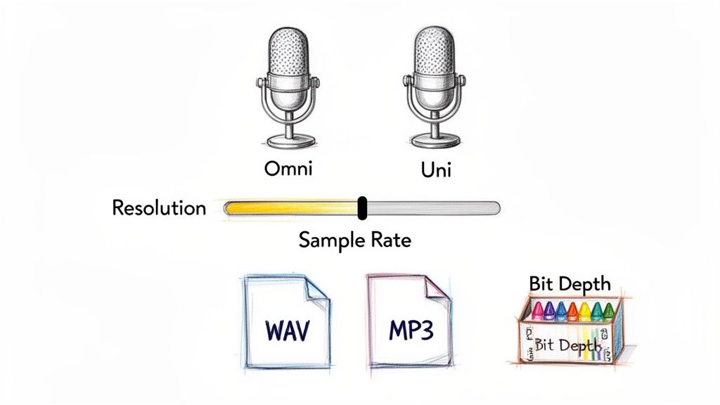 An illustration explaining audio recording concepts: microphone types, sample rate, resolution, bit depth, and file formats.