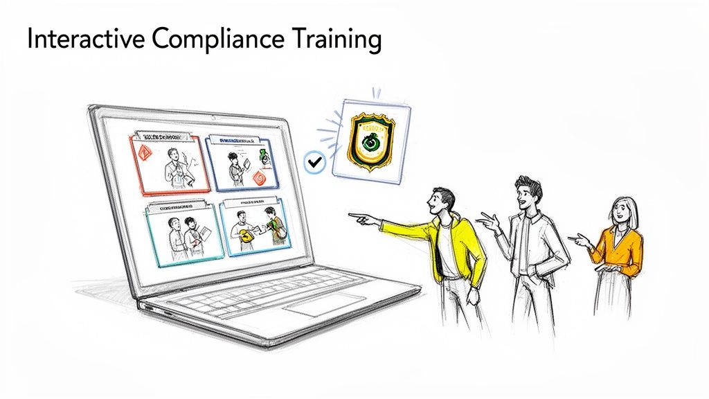 Interactive compliance training modules on a laptop, with people engaging and a completion badge.