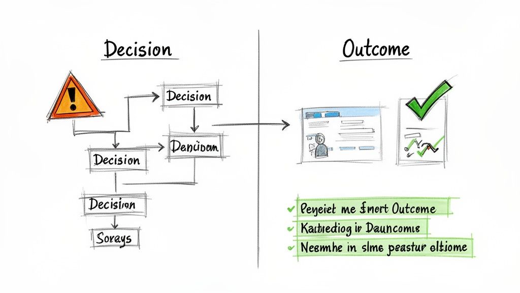 Flowchart showing a complex decision-making process starting with a warning, leading to positive outcomes.