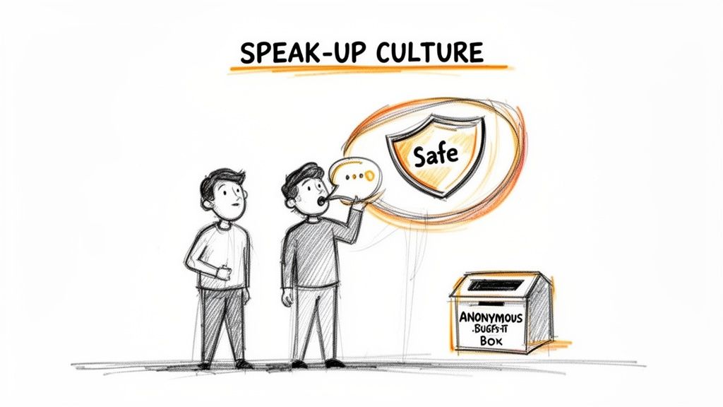 Cartoon illustrating a speak-up culture with safe communication and an anonymous suggestion box.