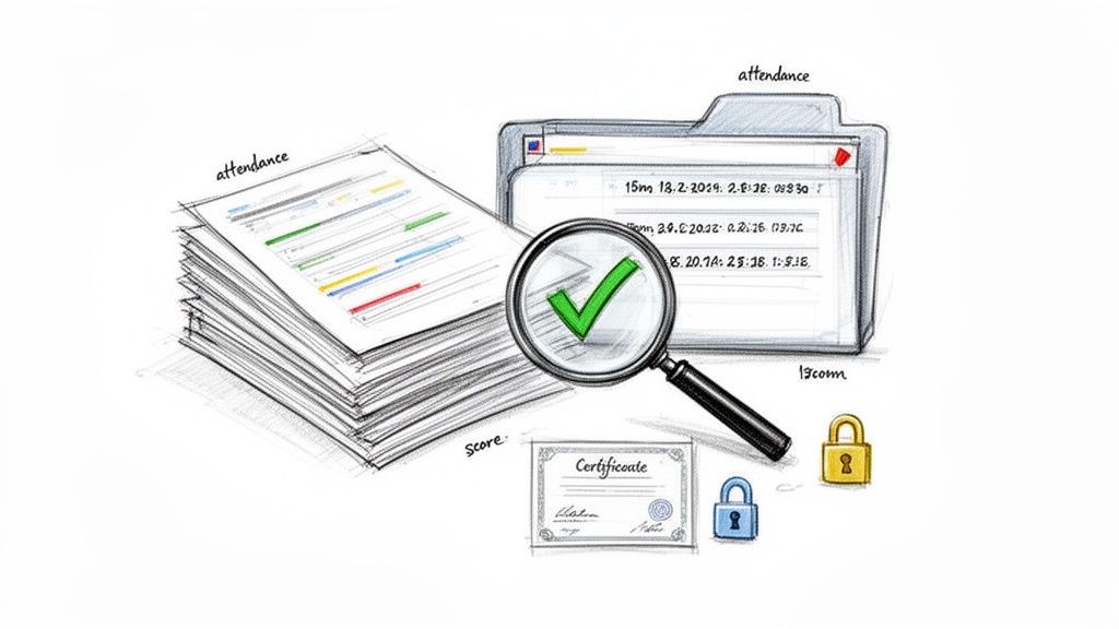 Records of attendance and scores, a certificate, and secured data verified by a magnifying glass.