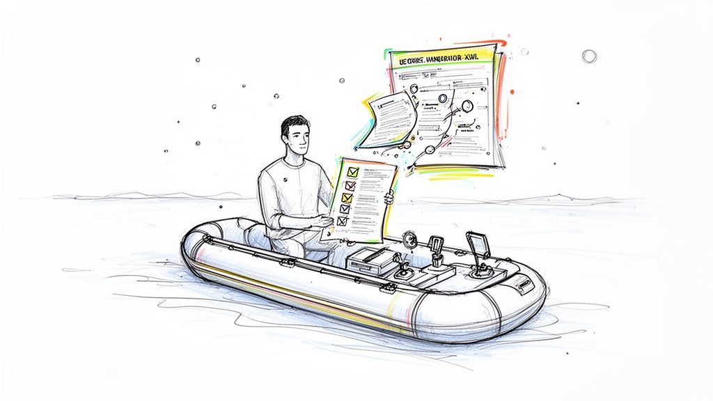A person in an inflatable boat on water holds a checklist, surrounded by floating documents.