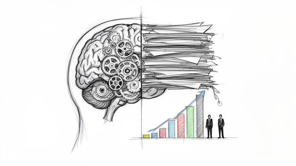 Pencil sketch of a brain with gears processing information, juxtaposed with a stack of papers and business growth.
