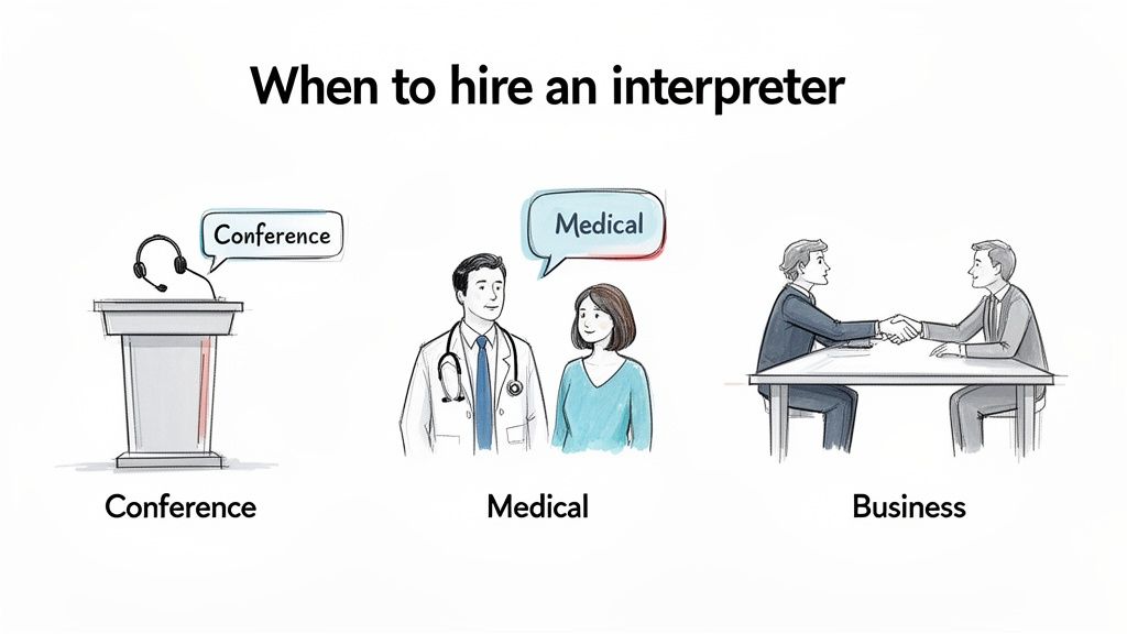 Illustration showing three scenarios for hiring an interpreter: conference, medical, and business meetings.