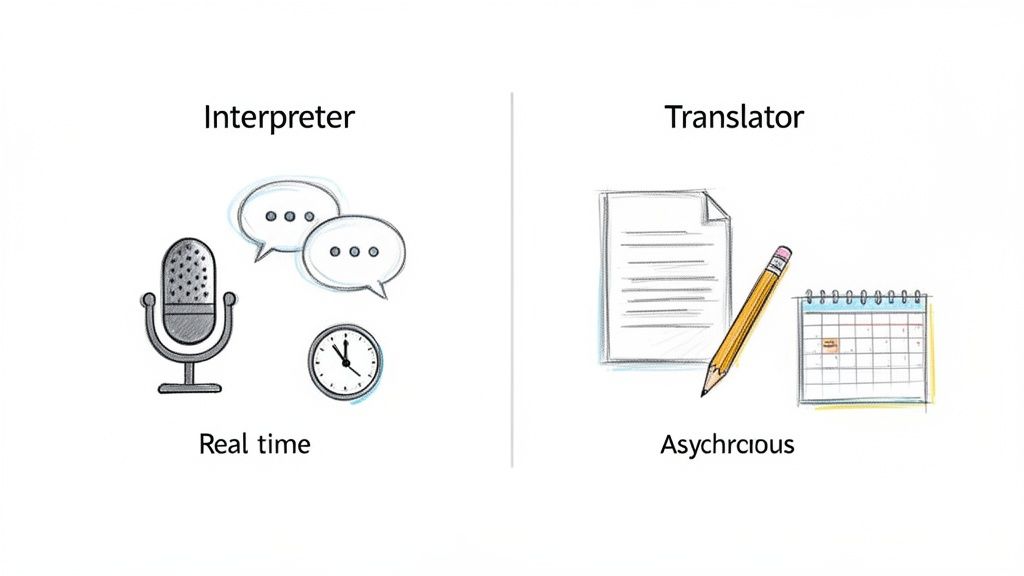 An image comparing an interpreter and a translator, showing real-time spoken communication versus asynchronous written work.