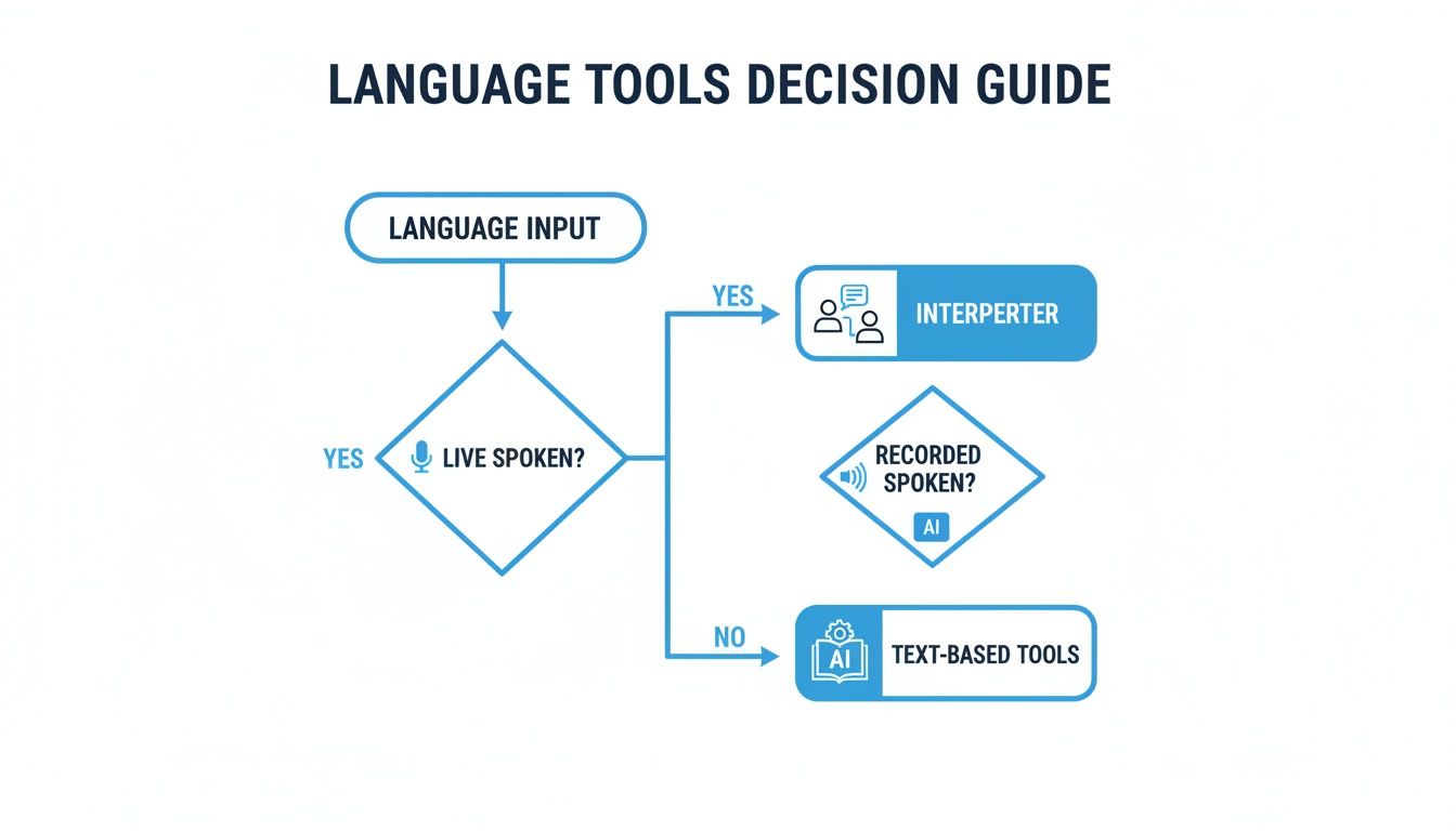 Flowchart for language tool selection, distinguishing between live spoken, recorded spoken, and text input.