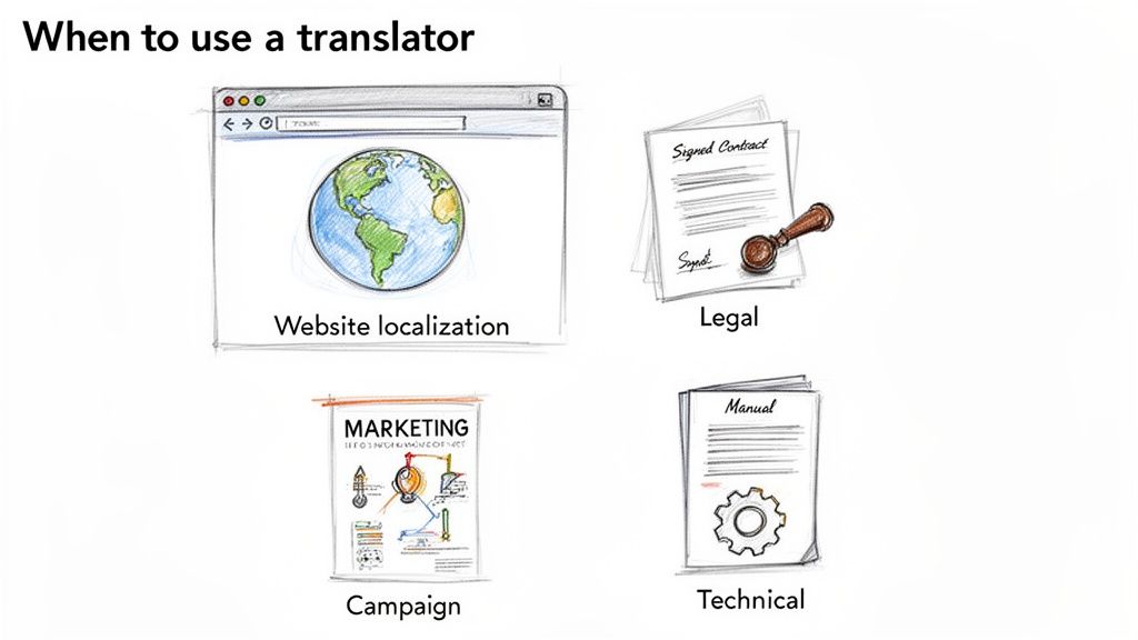 Four scenarios illustrate when to use a translator for website localization, legal, marketing campaigns, and technical documents.
