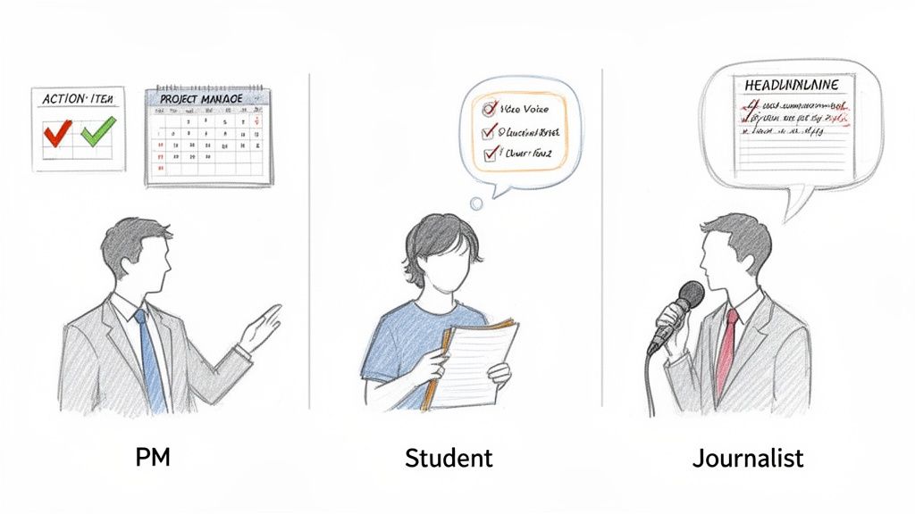 Illustrative representation of a Project Manager, Student, and Journalist using various note-taking and task management methods.