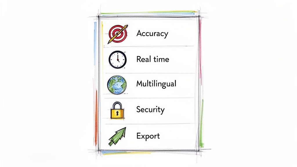 A list of five key features with icons including accuracy, real-time, multilingual, security, and export.