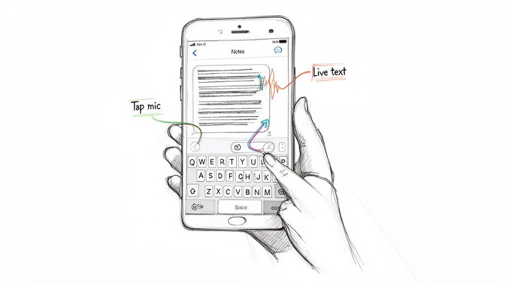 A hand uses a smartphone to input notes, showing a microphone tap and real-time live text display.