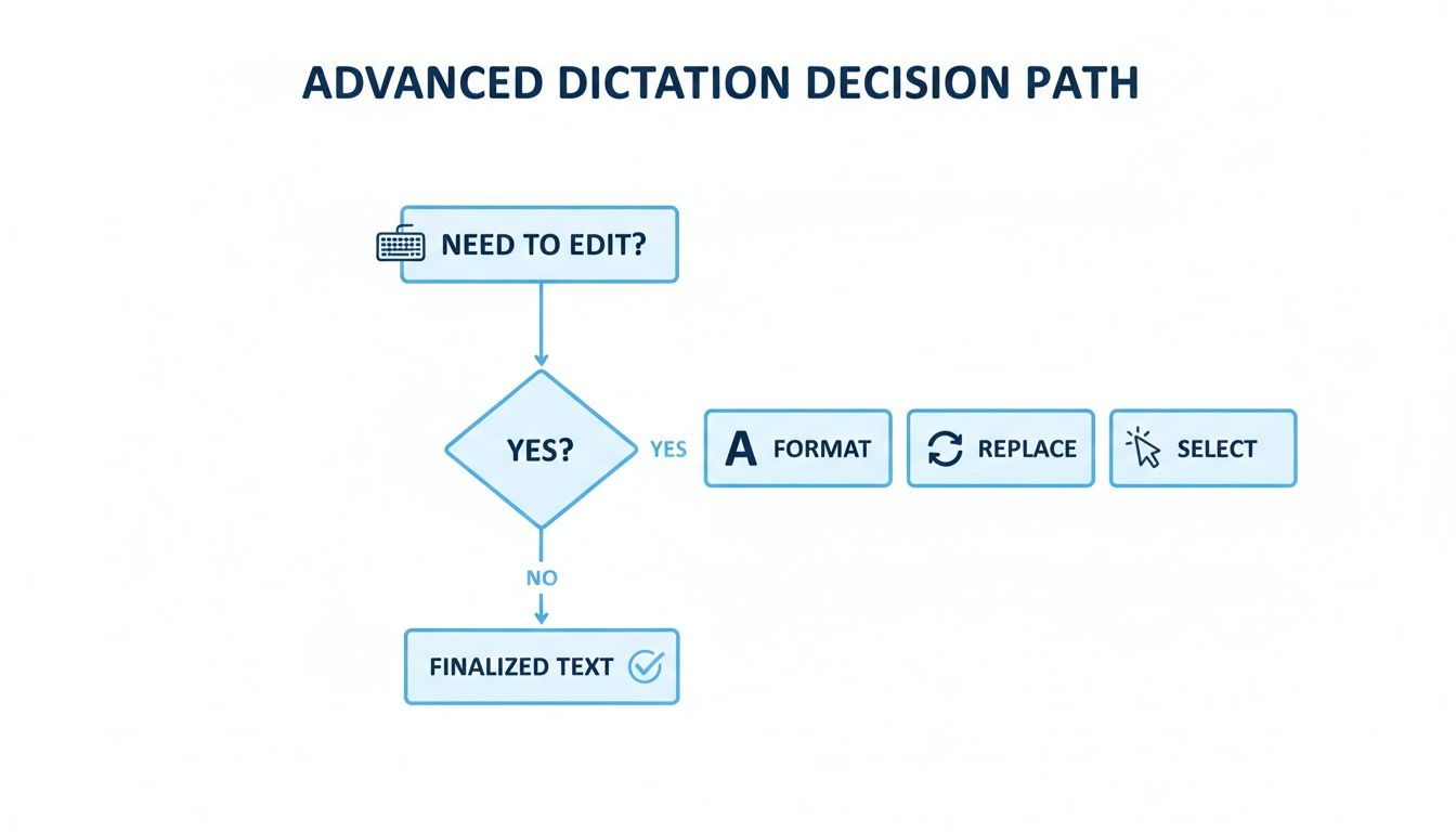 A flowchart illustrating the advanced dictation decision path for editing text, including options like format, replace, and select.