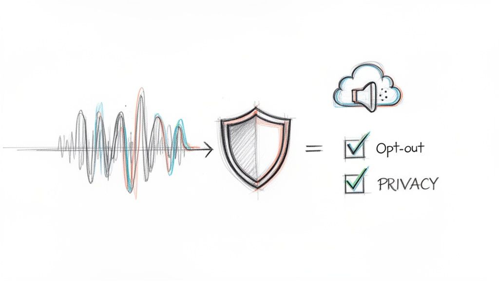 A diagram illustrating sound waves transforming through a shield, leading to a cloud with a speaker, opt-out, and privacy.