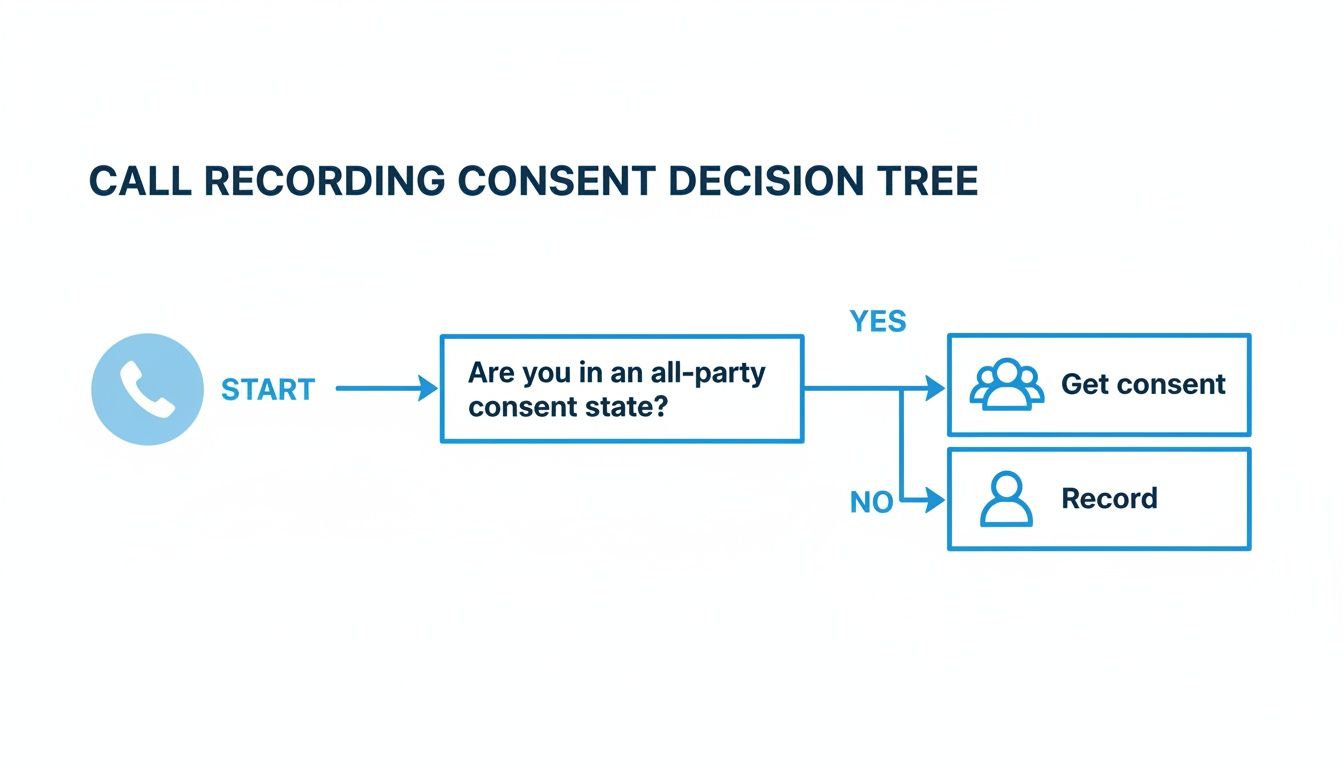 A call recording consent decision tree flowchart illustrates when to get consent before recording.