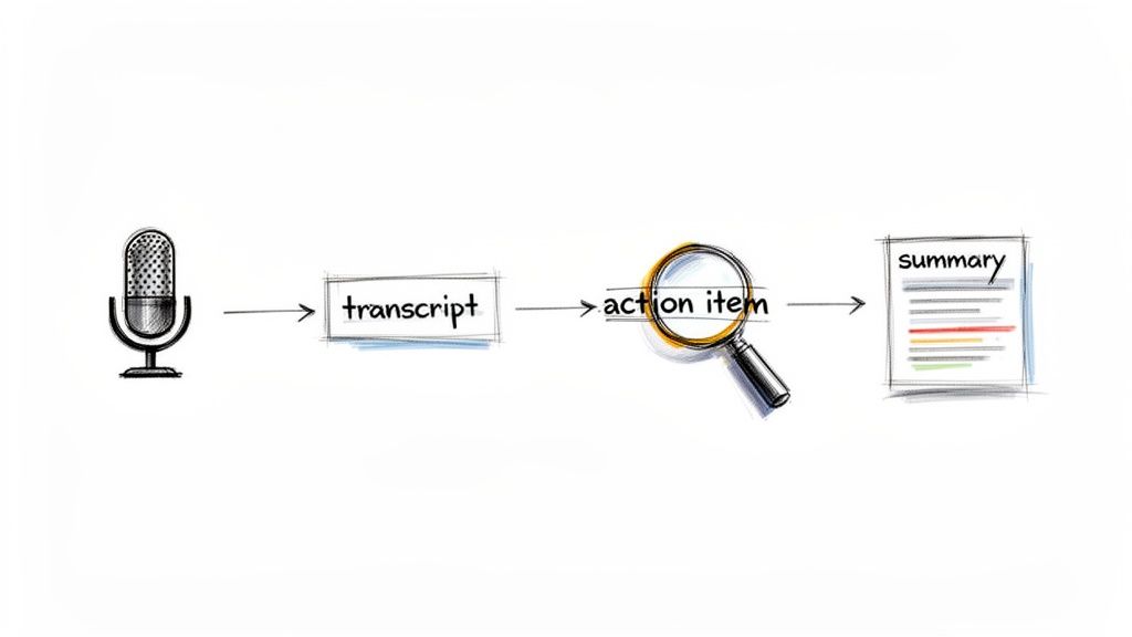 Diagram showing a microphone converting audio to transcript, extracting action items, and generating a summary.