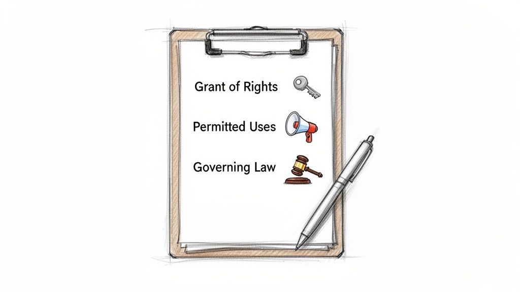 A clipboard with a document listing 'Grant of Rights,' 'Permitted Uses,' and 'Governing Law,' alongside relevant icons and a pen.