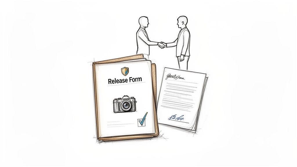 Two men shake hands over a release form with a camera icon, symbolizing a content agreement.