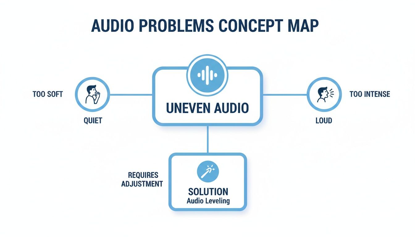 Concept map showing uneven audio problems, including quiet and loud sound, with audio leveling as the solution.