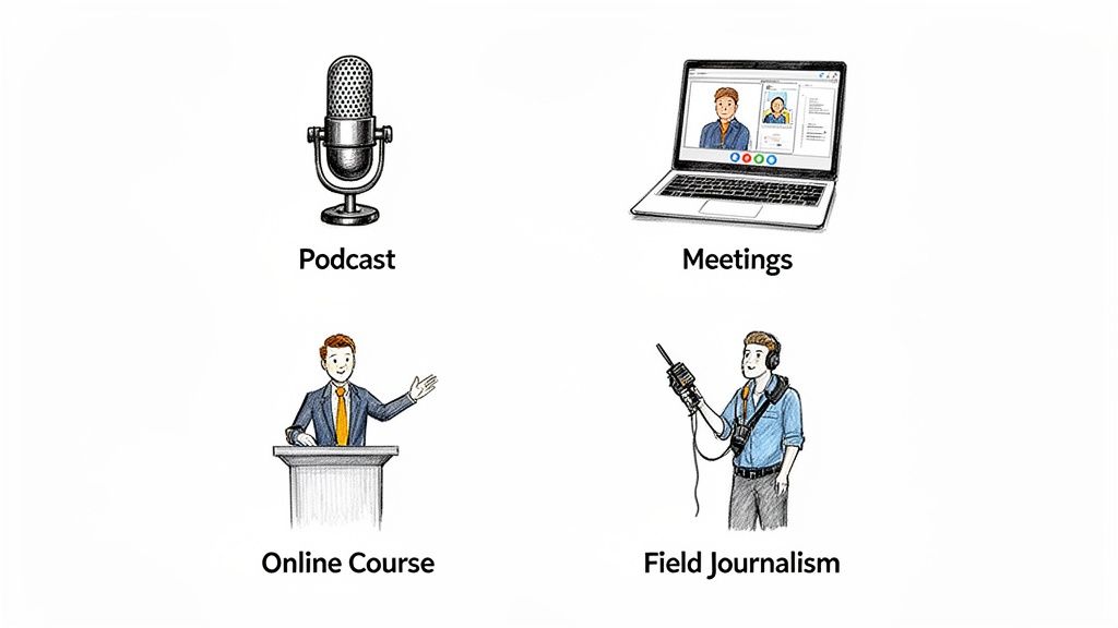 Illustrations of common audio applications: podcasting, online meetings, virtual courses, and field journalism.