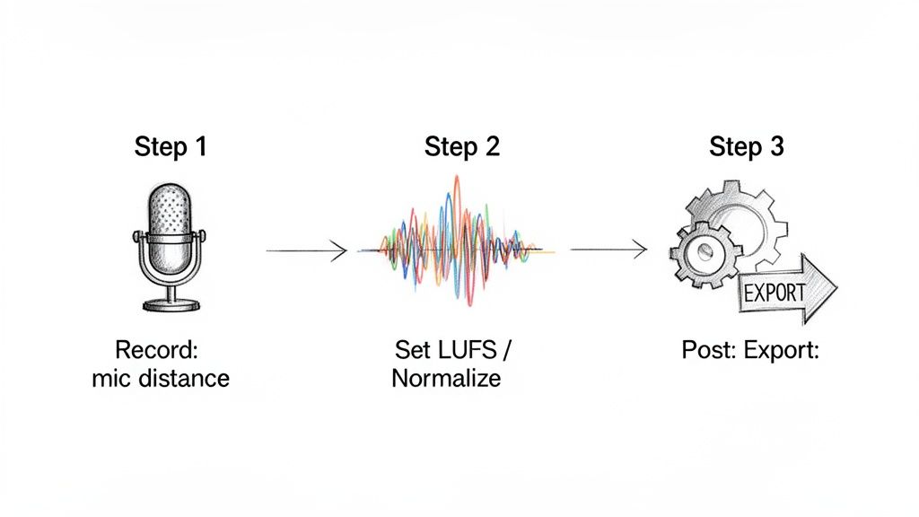 A three-step diagram illustrates the audio production workflow: record, normalize loudness, and export.