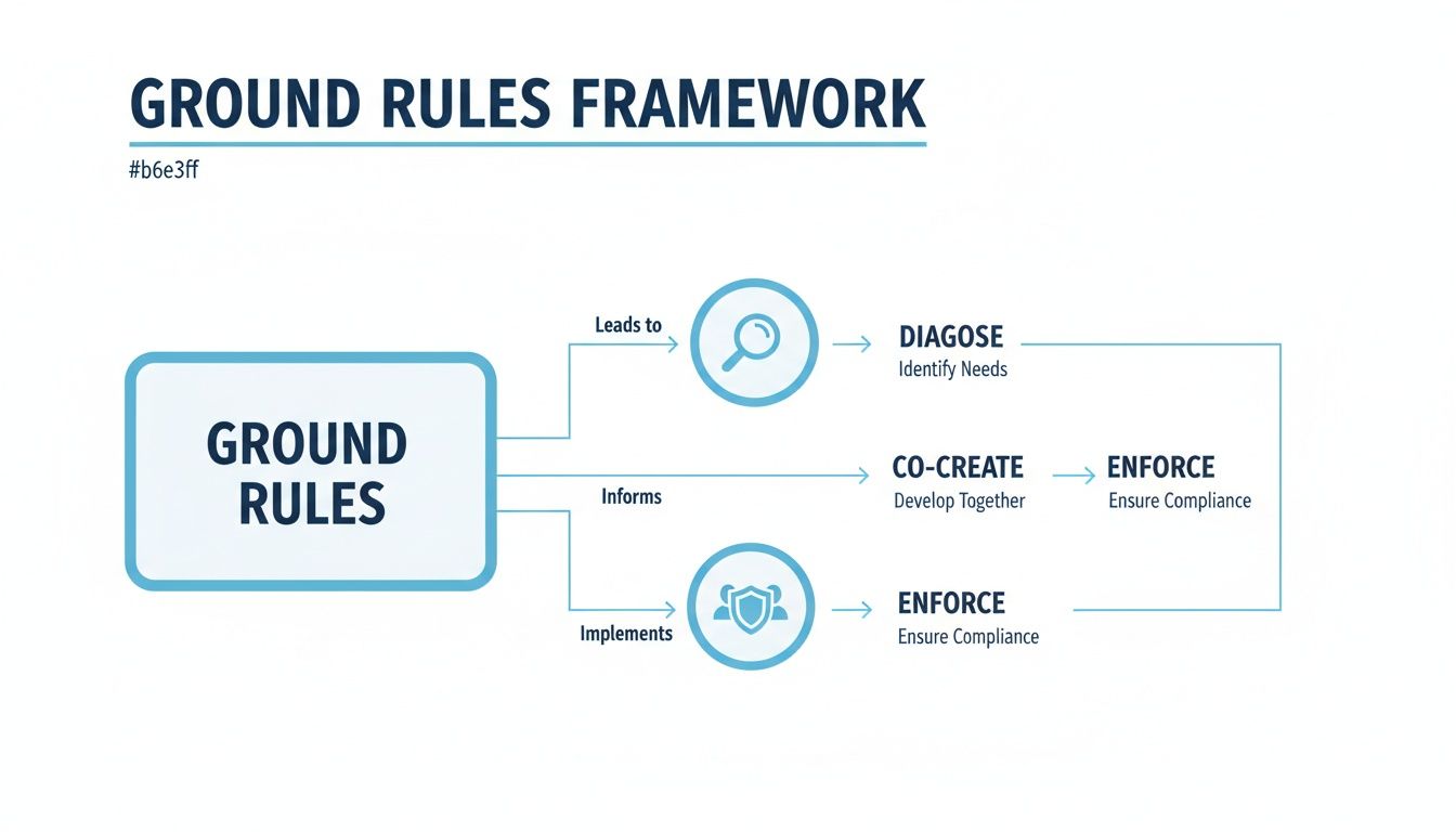 A framework diagram illustrating how ground rules lead to diagnose, co-create, and enforce processes.