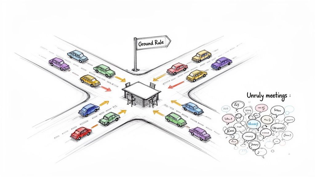 An illustration comparing meeting ground rules to traffic rules at an intersection, with cars flowing around a meeting table.