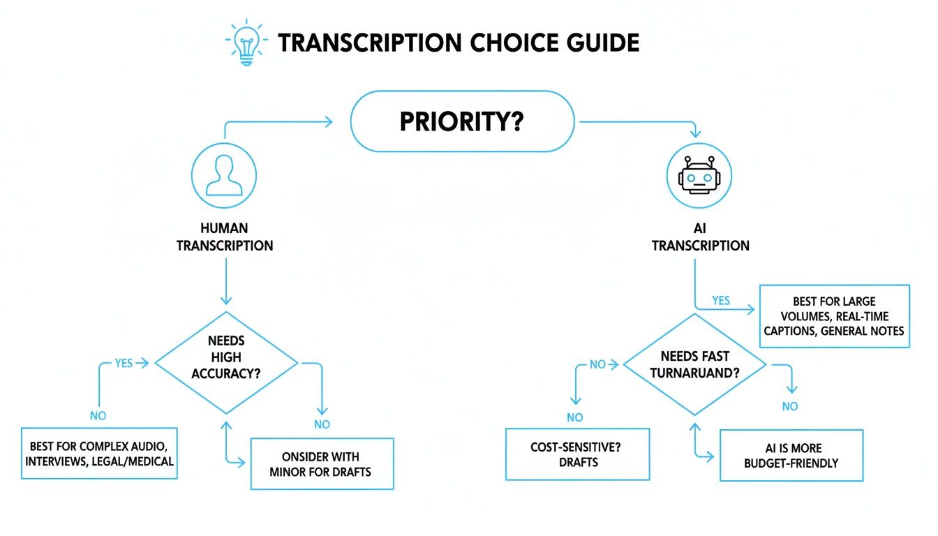 A flowchart guiding users to choose between human and AI transcription based on various priorities.