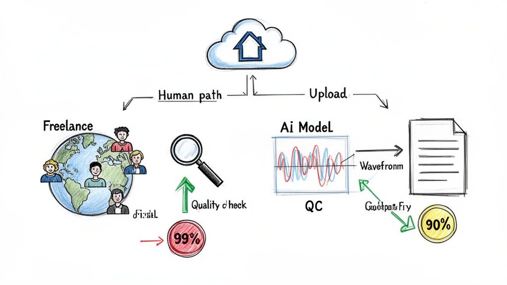 Diagram comparing human freelance data processing with AI model processing for cloud upload.