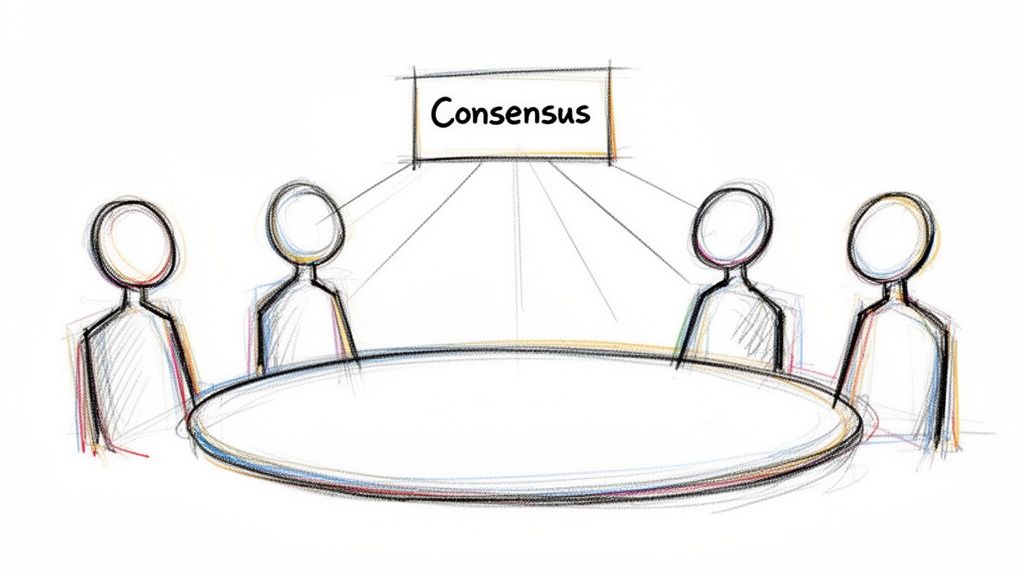 Illustration of four sketched people seated around a table, all linked to a 'Consensus' box.