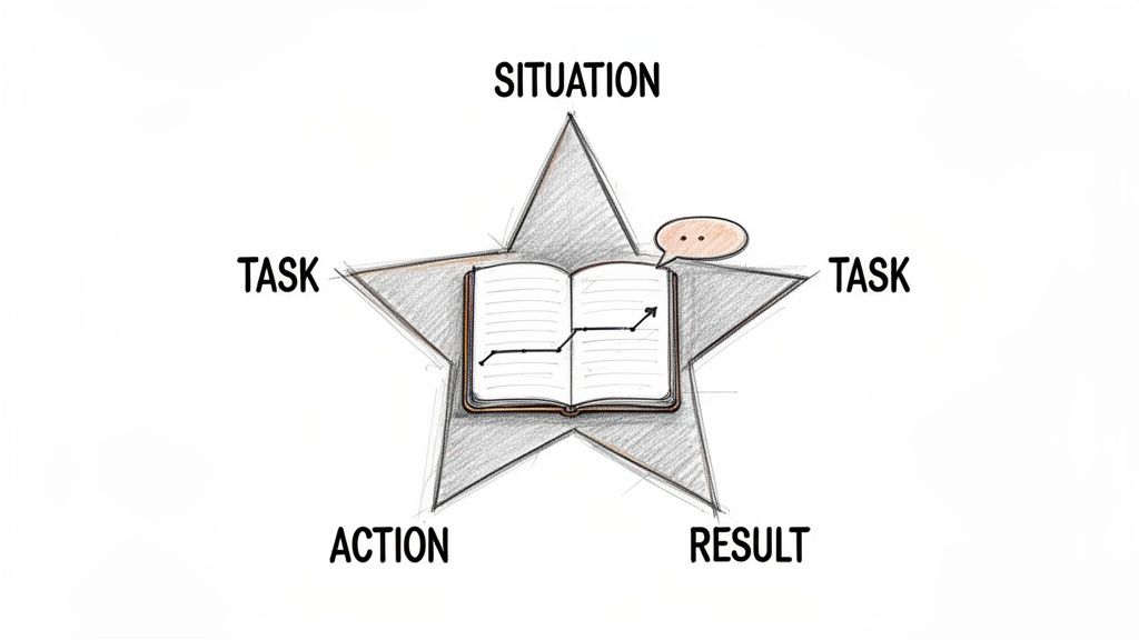 Diagram showing a five-point STAR method: Situation, Task, Task, Action, Result, surrounding a book with a graph.