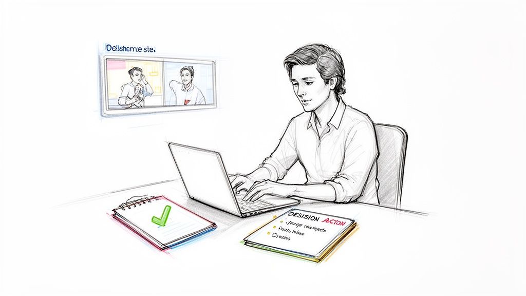 A person works on a laptop, taking notes during a virtual meeting with a list of decisions and actions.