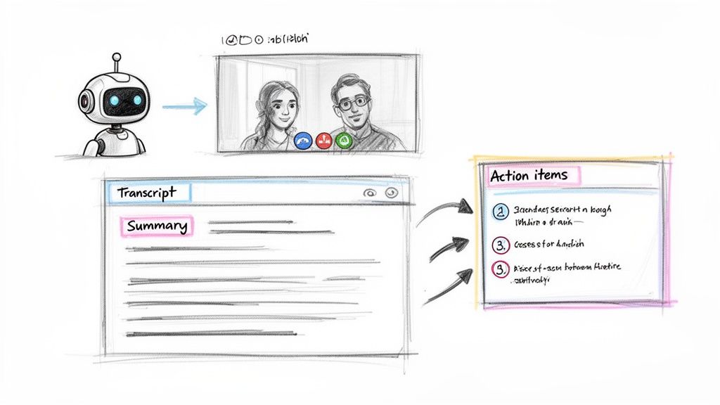 An AI robot processes a video call, generating a transcript, summary, and action items.