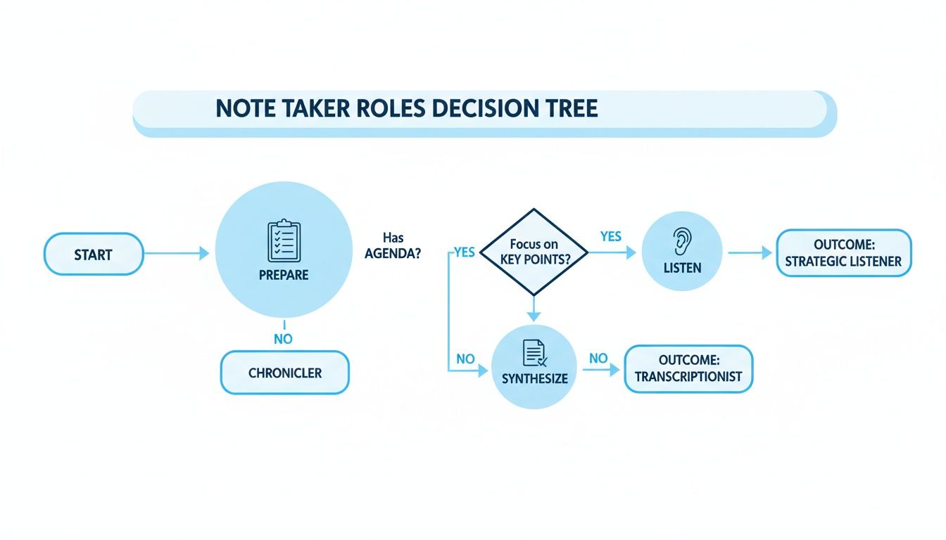 A decision tree flowchart illustrating different meeting note taker roles based on preparation and focus.