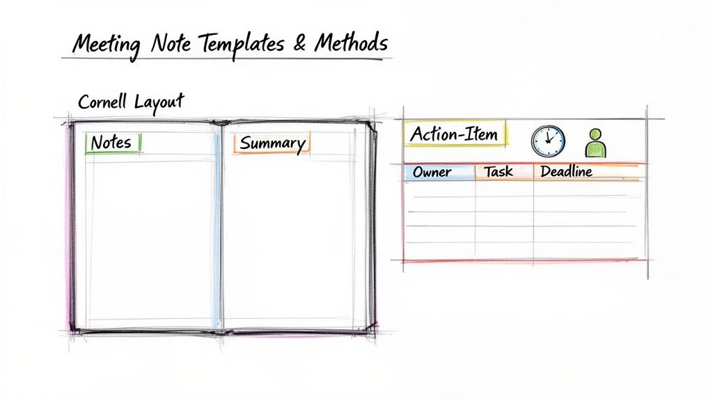 A visual guide to meeting note templates and methods, featuring Cornell layout and action items.