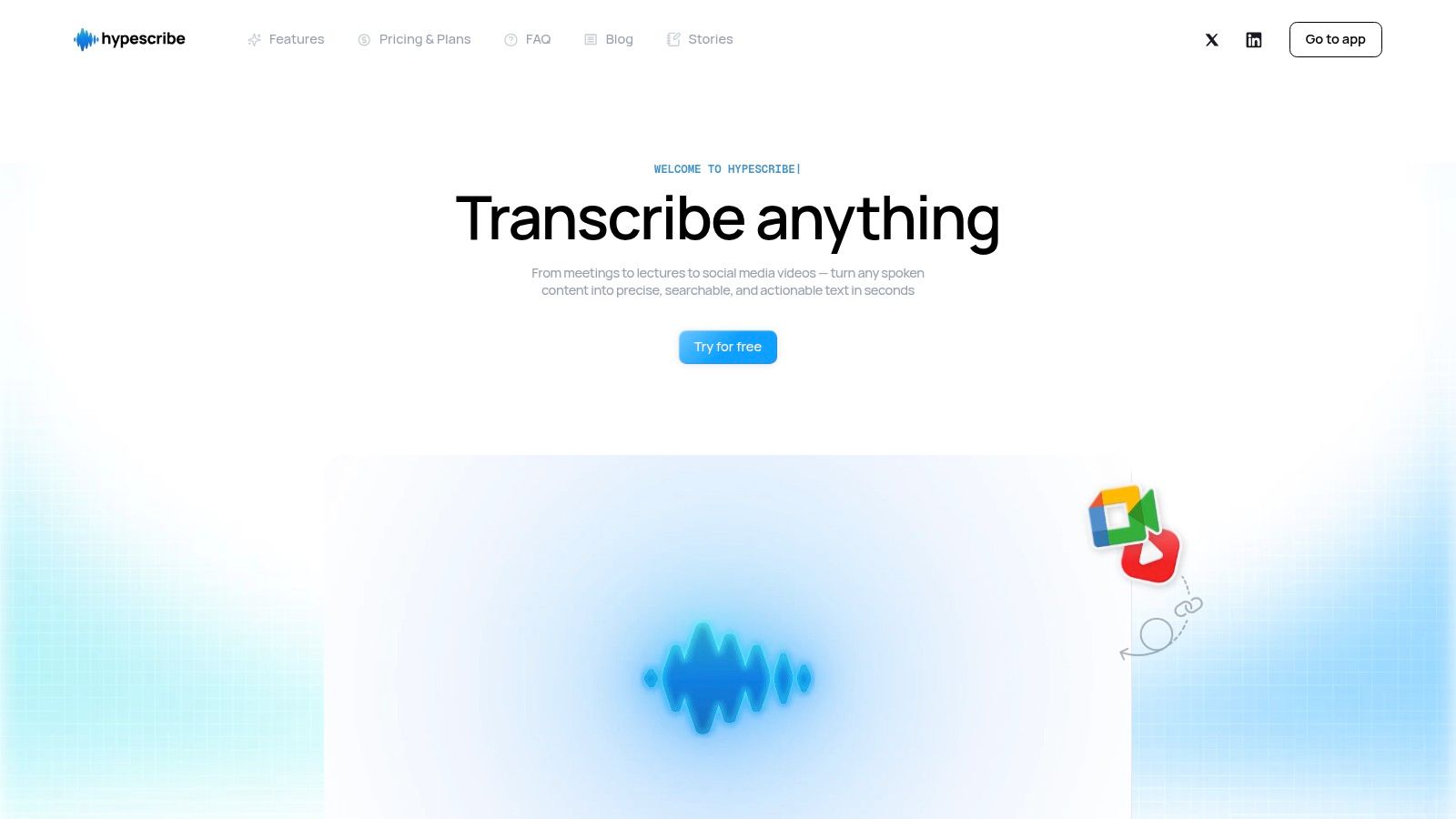 HypeScribe interface showing a transcript with speaker labels and key takeaways