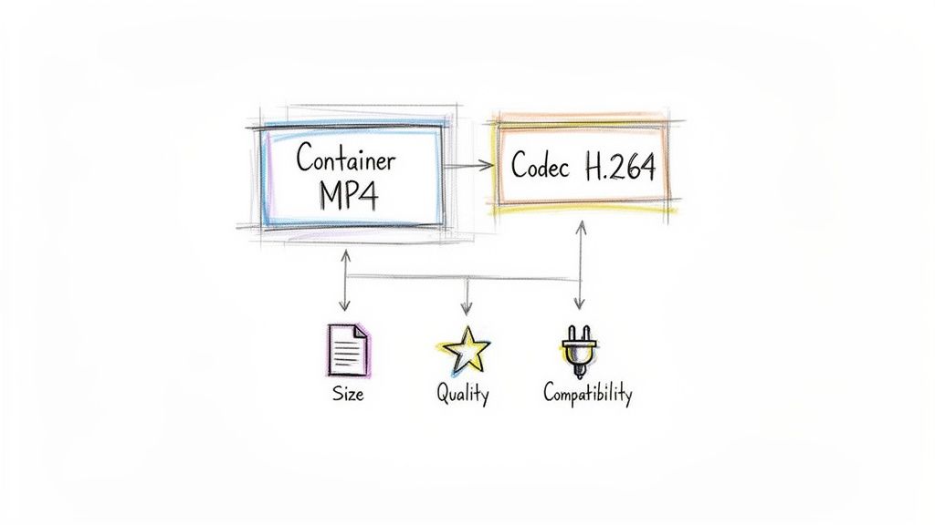 Diagram explaining MP4 container and H.264 codec interaction, influencing video size, quality, and compatibility.