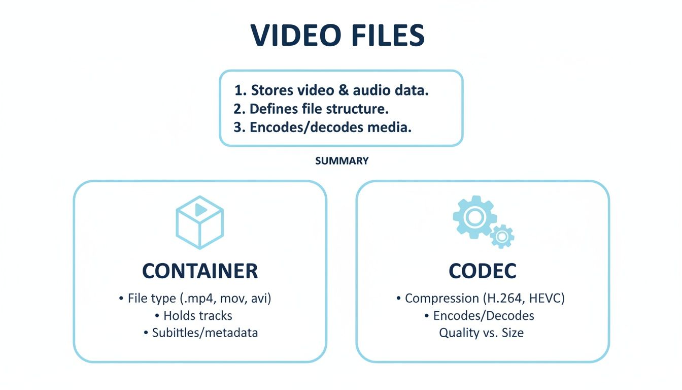 Diagram explaining video files, their summary, and the difference between container formats and codecs.