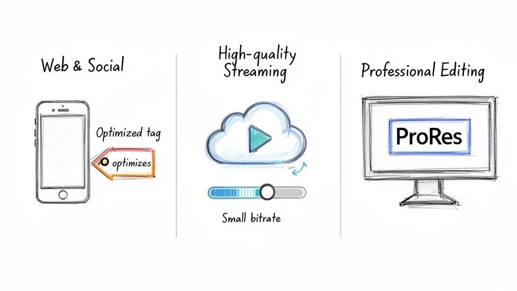 Diagram illustrating video optimization for web, high-quality streaming with small bitrate, and professional editing with ProRes.