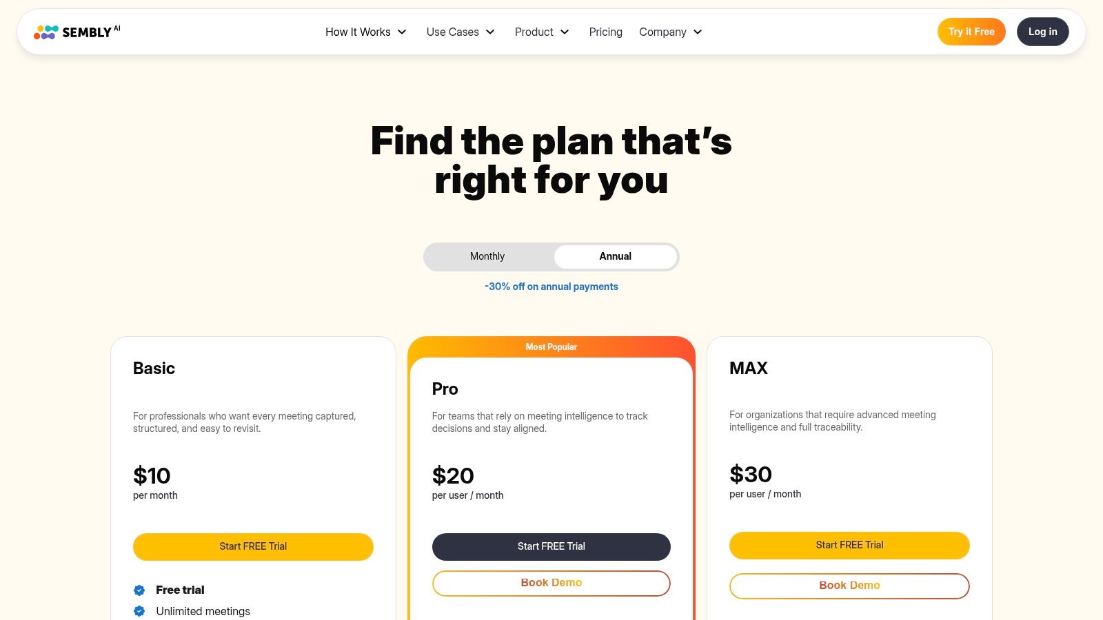 Sembly AI pricing and plans page