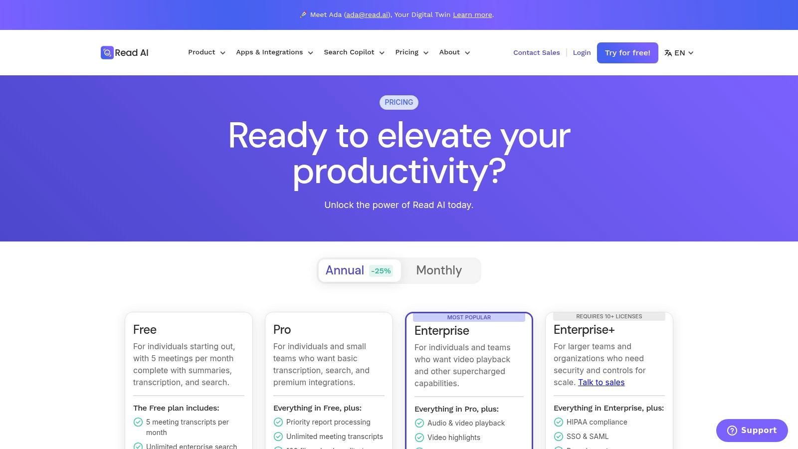 Read.ai pricing plans page