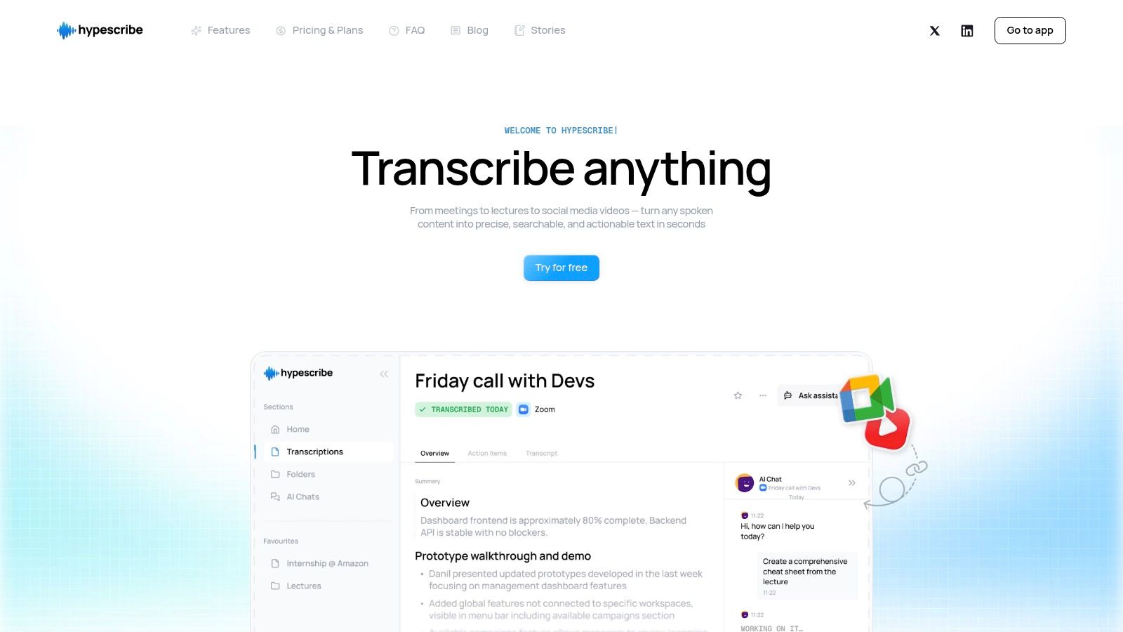 An interface showing an AI transcription of a meeting with speaker labels, timestamps, and a summary of key points and action items.