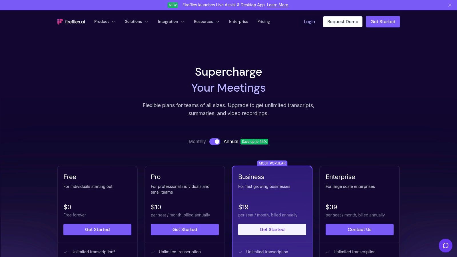 Fireflies.ai pricing plans page